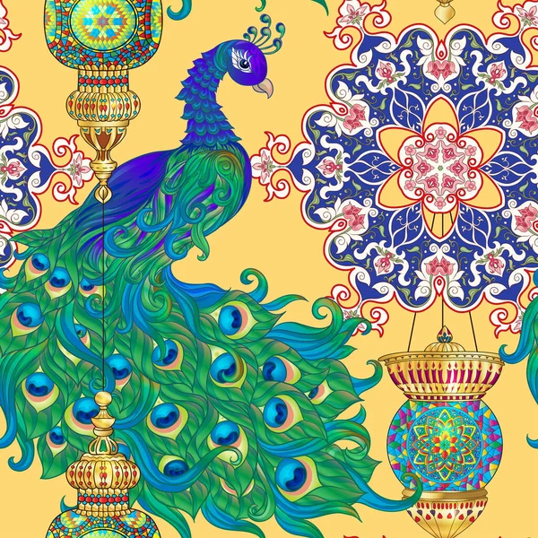 Peacock πουλί αδιάλειπτη μοτίβο, φόντο. — Διανυσματικό Αρχείο
