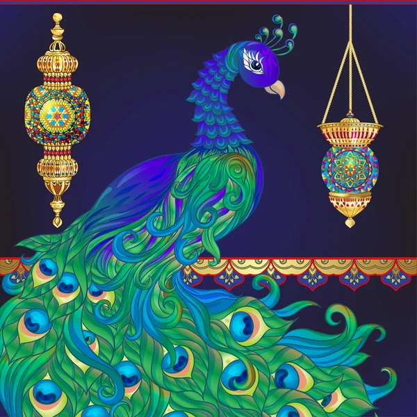 Peacock en oosters etnisch motief, traditioneel moslim ornament. — Stockvector