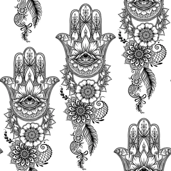 Modèle sans couture avec hamsa dessiné à la main orné . — Image vectorielle