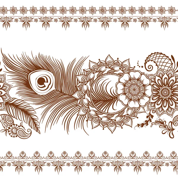 Peacock feathers mehendi, traditional indian henna floral ornament. — Stock Vector