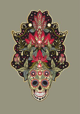 Yama, nakış taklidi. İnsan kafatasıyla dekoratif çiçek motifi