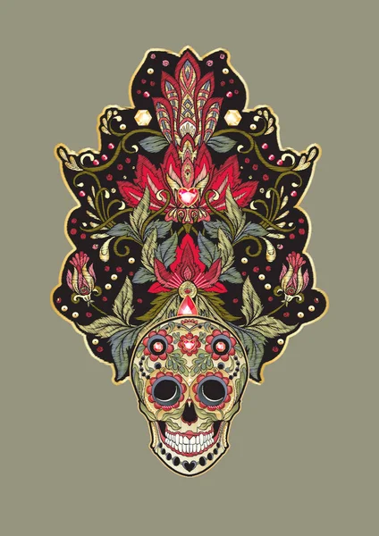 Patch, imitação de bordados. Motivo floral decorativo com crânio humano — Vetor de Stock