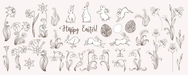 Happy Easter Set of hares, patterned eggs and spring flowers — Stock Vector