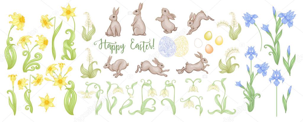 Happy Easter Set of hares, patterned eggs and spring flowers