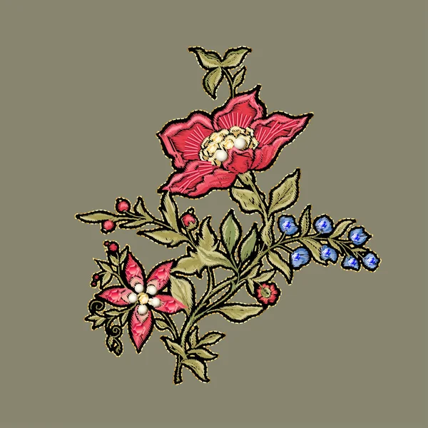 Flores de fantasía en estilo retro, vintage, bordado jacobeo. — Vector de stock