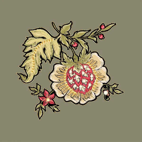 Flores de fantasía en estilo retro, vintage, bordado jacobeo. — Vector de stock