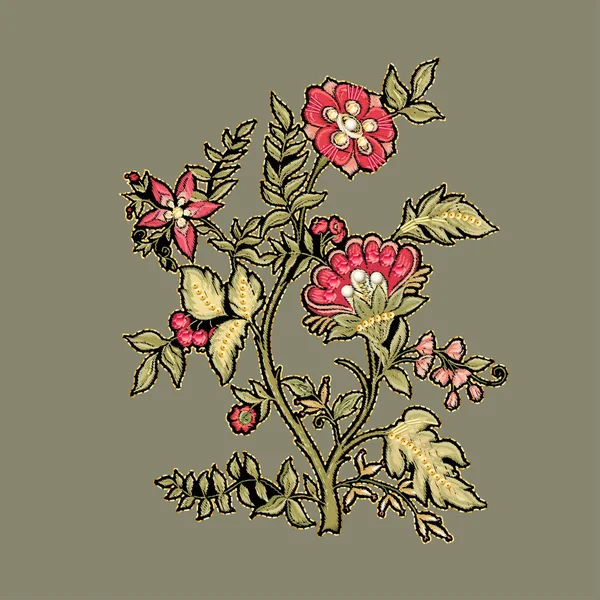 Flores de fantasía en estilo retro, vintage, bordado jacobeo. — Archivo Imágenes Vectoriales