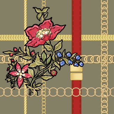 Fantasy flowers in retro, vintage jacobean embroidery style. clipart