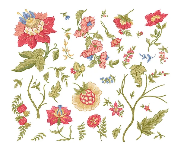 Set van Fantasy bloemen in retro, vintage, jacobese borduurstijl. — Stockvector