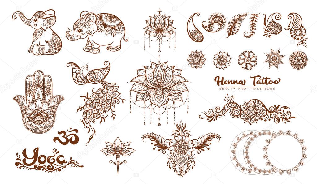 Set of elements for design in mehendi, traditional indian henna style