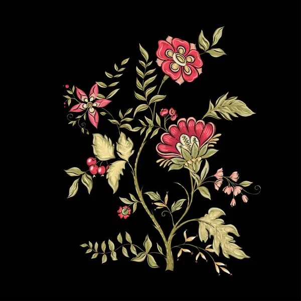 Fantasy flowers in retro, vintage, jacobean embroidery style. — Stock Vector