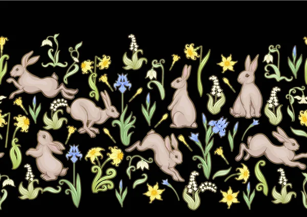 Seamless pattern, ackground with spring flowers and rabbits, hares. — Stock Vector