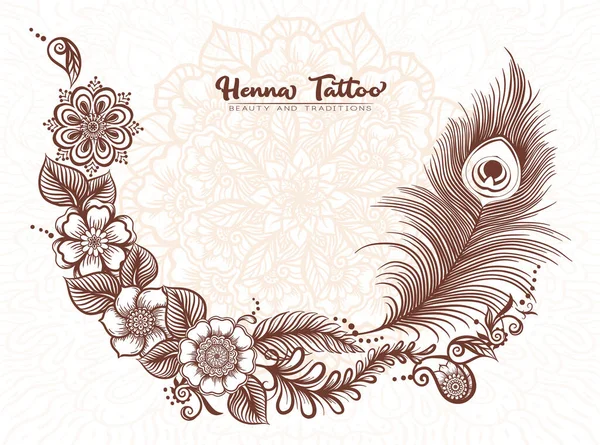 伝統的なインドのヘナの入れ墨孔雀の羽. — ストックベクタ