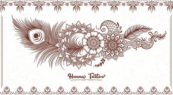 Traditional indian henna tattoo with peacock feather. — Stock Vector
