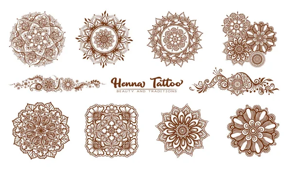 Conjunto de elementos para el diseño en mehendi, estilo tradicional indio henna — Archivo Imágenes Vectoriales
