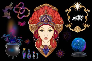 Young woman witch with cauldron, magician plants and animals