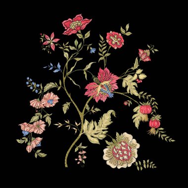 Fantezi çiçekleri retro, vintage, jacobean nakış tarzı.