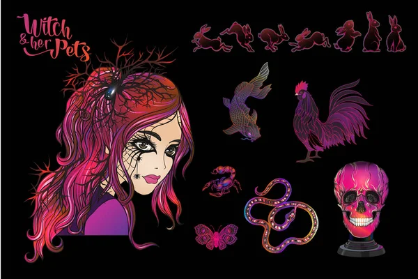 Jeune femme sorcière avec ses animaux mystiques et son crâne humain . — Image vectorielle