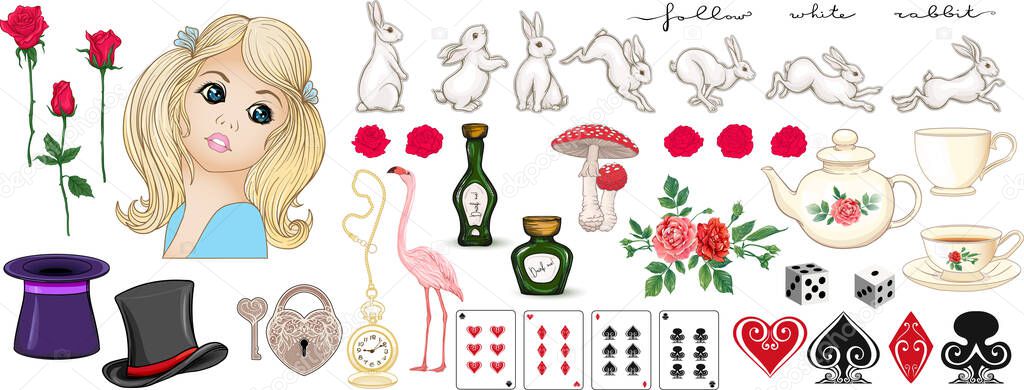 Alice in wonderland set. Alice, rabbit, cat, queen and other elements for design.