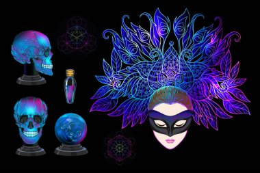 Genç cadı, falcı sihirli küresi, insan kafatası, iksir.