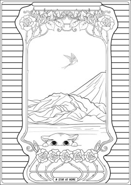 Pencerenin önündeki sevimli kedi ve slogan, evde kal..