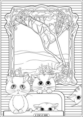 Pencerenin önündeki sevimli kedi ve slogan, evde kal..