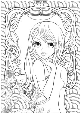 Pencerenin önündeki kadın portresi ve slogan, evde kalın..