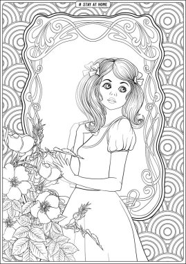 Pencerenin önündeki kadın portresi ve slogan, evde kalın..