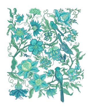 Fantezi çiçekleri retro, vintage, jacobean nakış tarzı.