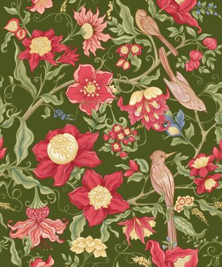 Fantasy flowers in retro, vintage, jacobean embroidery style. clipart