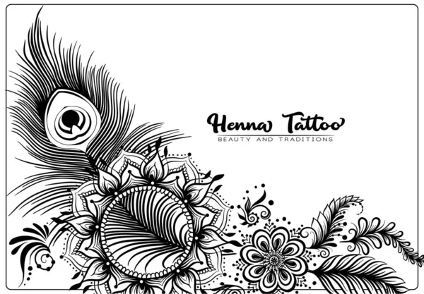 Traditionell indiansk henna tatuering med påfågel fjäder. — Stock vektor