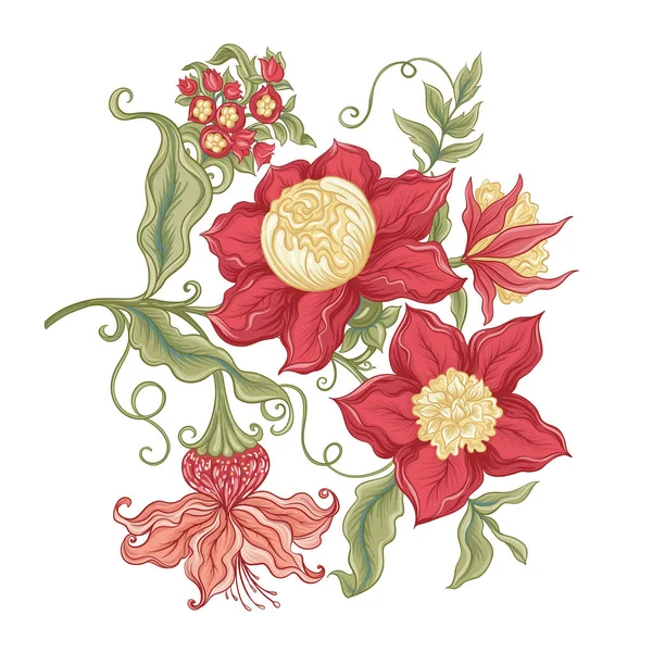 Flores de fantasia em retro, vintage, estilo bordado de jacobean. — Vetor de Stock