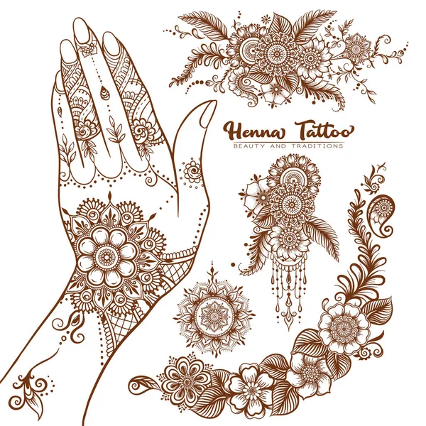 Hand med traditionella indiska henna tatueringselement. — Stock vektor