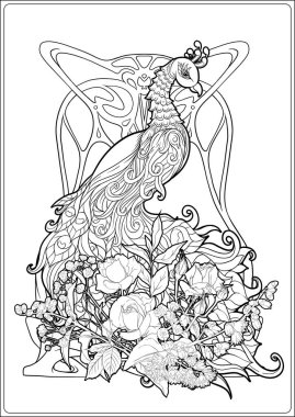 İçinde tavus kuşu ve güller olan bir poster.