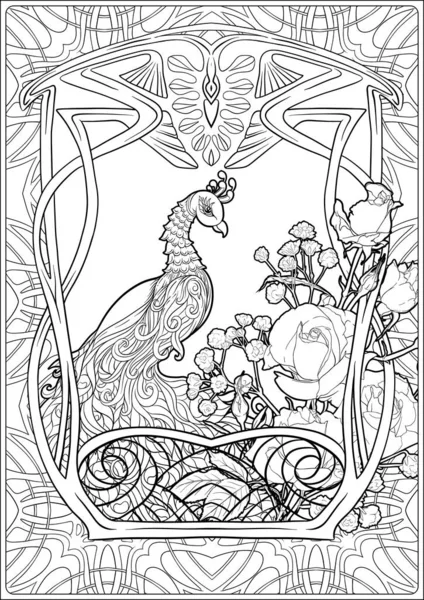 Poster with peacock and roses in art nouveau — Stock Vector