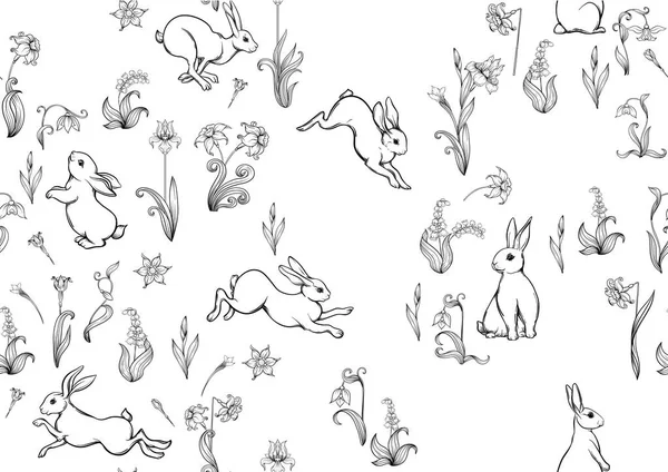 Seamless pattern, ackground with spring flowers and rabbits, hares. — Stock Vector