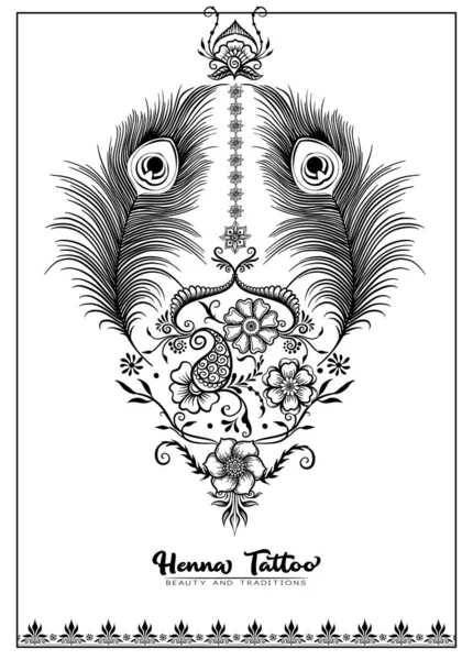 Traditionell indiansk henna tatuering med påfågel fjäder. — Stock vektor