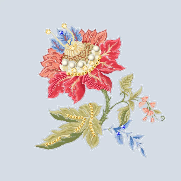 Flores de fantasía en estilo retro, vintage, bordado jacobeo. — Vector de stock