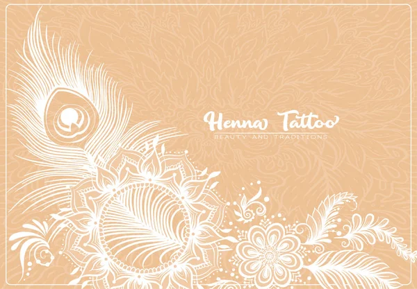Tatuaggio tradizionale indiano all'hennè con piuma di pavone . — Vettoriale Stock
