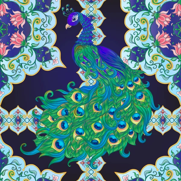 Peacock fågel sömlös mönster, bakgrund. — Stock vektor
