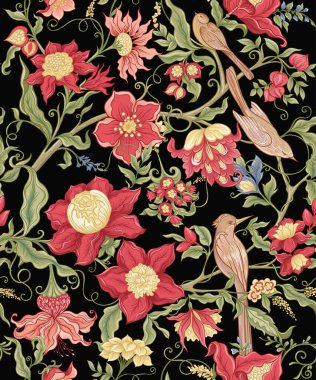 Fantezi çiçekleri retro, vintage, jacobean nakış tarzı.