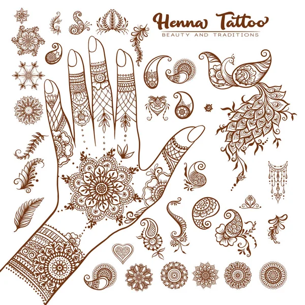 Mano con elementi tradizionali del tatuaggio dell'hennè indiano . — Vettoriale Stock