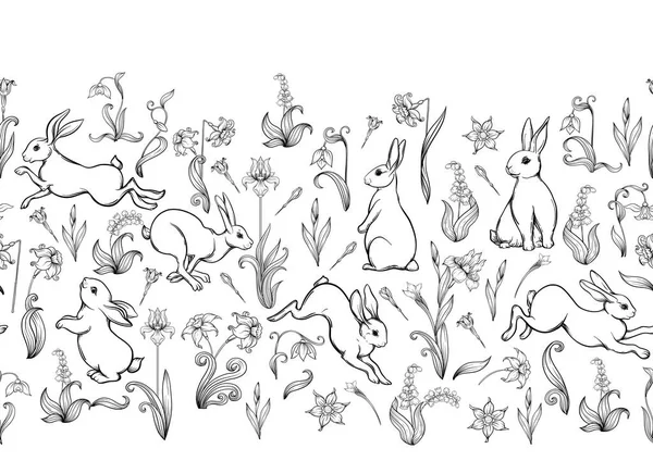 Seamless pattern, ackground with spring flowers and rabbits, hares. — Stock Vector