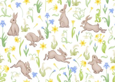 Kusursuz desen, bahar çiçekleri, tavşanlar, tavşanlar....