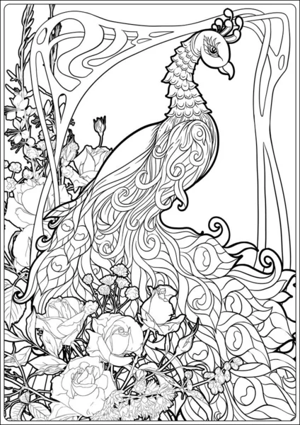 Poster with peacock and roses in art nouveau — Stock Vector