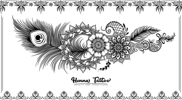 Tatuaje tradicional de henna india con pluma de pavo real . — Vector de stock