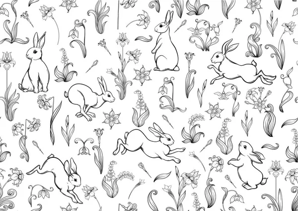 Kusursuz desen, bahar çiçekleri, tavşanlar, tavşanlar....