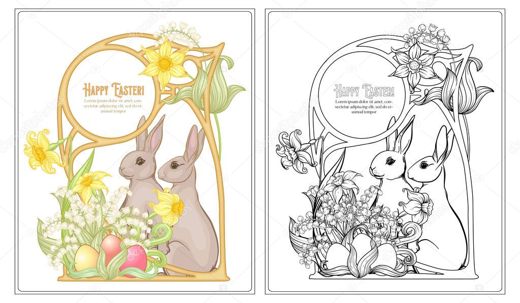 Happy easter Coloring page for the adult coloring book with spring flowers, eggs and rabbit.