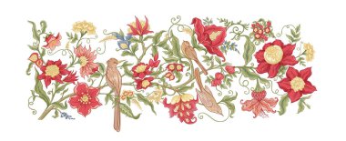 Fantezi çiçekleri retro, vintage, jacobean nakış tarzı.