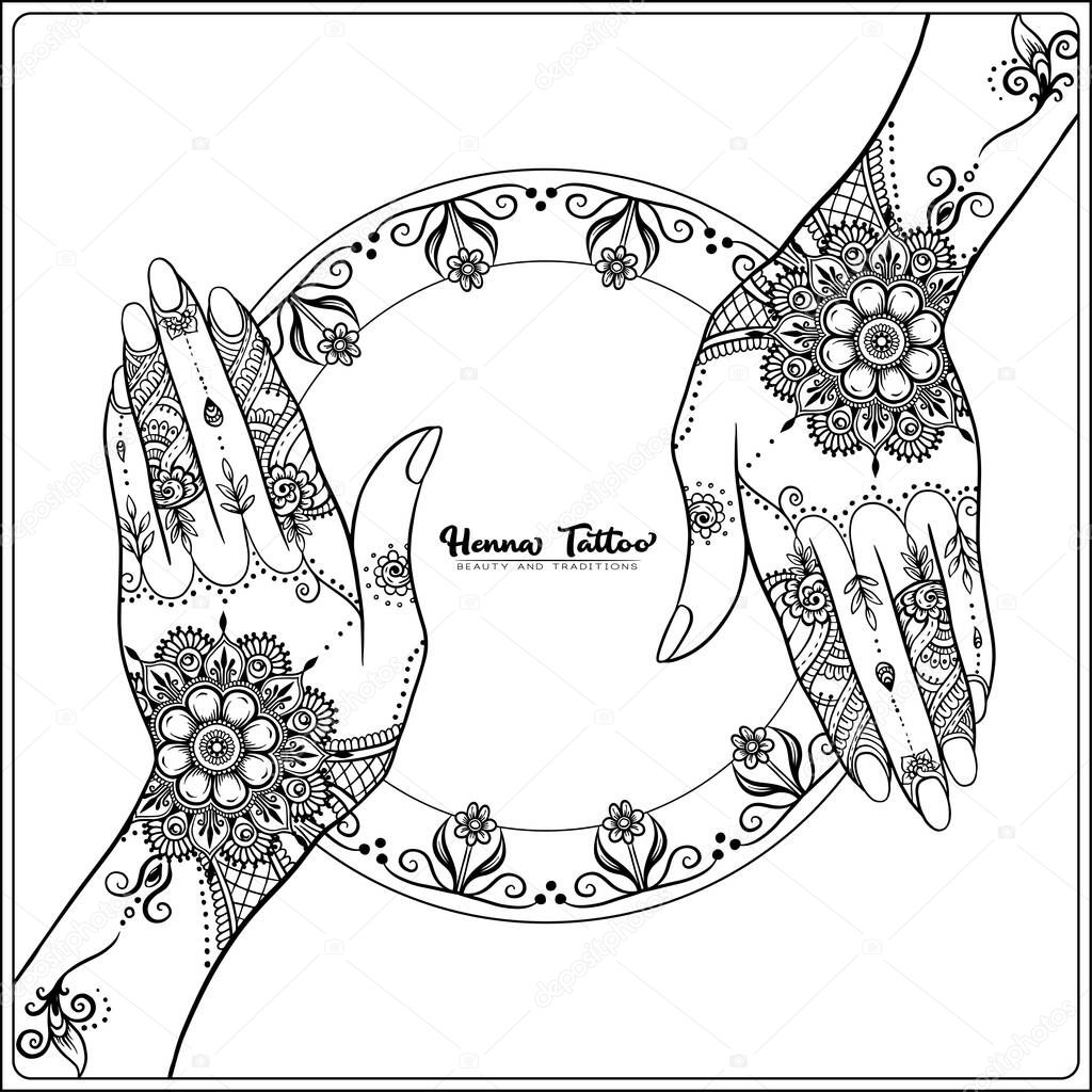 Vettoriale stockMani con tatuaggio tradizionale indiano all'hennè . di  ©ElenaBesedina #374619942, image size:1024x1024